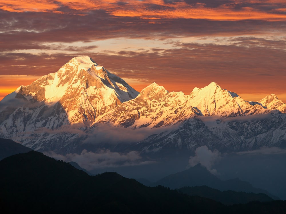 Vue sur l'Himalaya au coucher de soleil