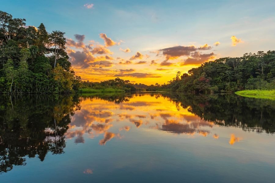 Le soleil couchant reflète ses teintes dorées et ses nuages sur les eaux calmes d'un fleuve bordé d'une dense forêt tropicale verdoyante.