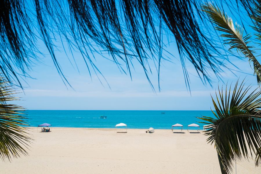 Une mer aux eaux calmes et claires borde une vaste plage de sable blond sous un grand ciel bleu ensoleillé.