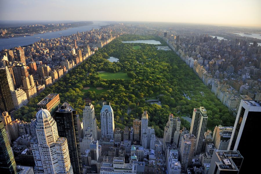 Un vaste parc urbain verdoyant est bordé de hauts gratte-ciels sous un ciel ensoleillé parsemé de nuages blancs.