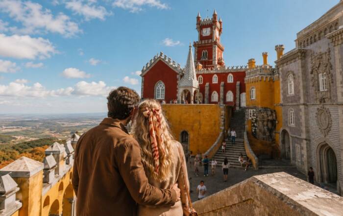 Un couple enlacé vu de dos contemple le palais national de Pena aux murs jaunes et rouges, surplombant un vaste paysage verdoyant sous un ciel ensoleillé.