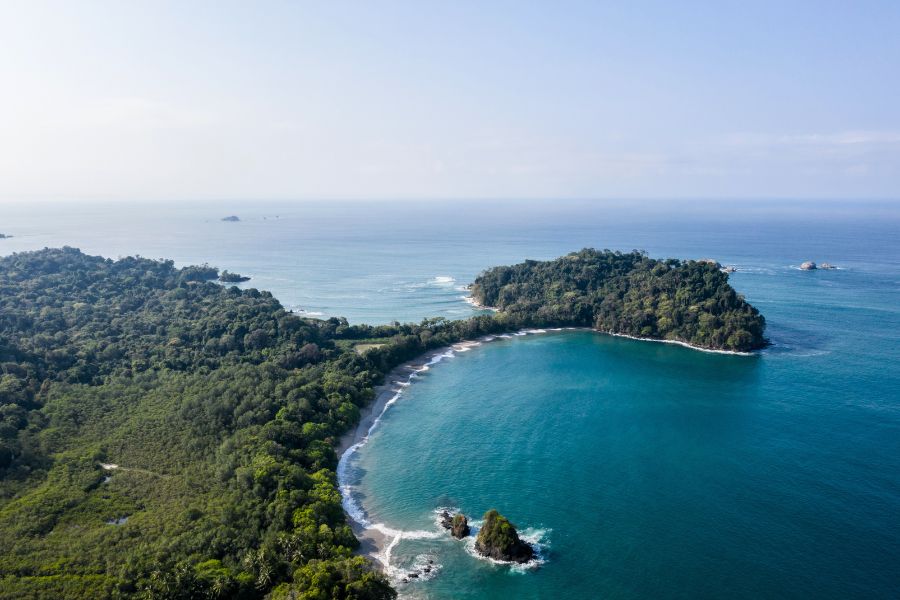 Une plage de sable blond bordée de palmiers et de forêt tropicale rencontre des eaux turquoises et calmes sous un ciel dégagé.