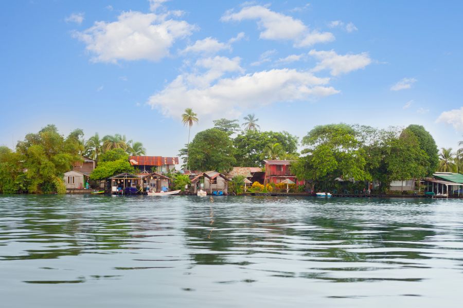 Une tourelle d'observation et des barques en bois bordent un canal d'eau calme serpentant au cœur d'une forêt tropicale.