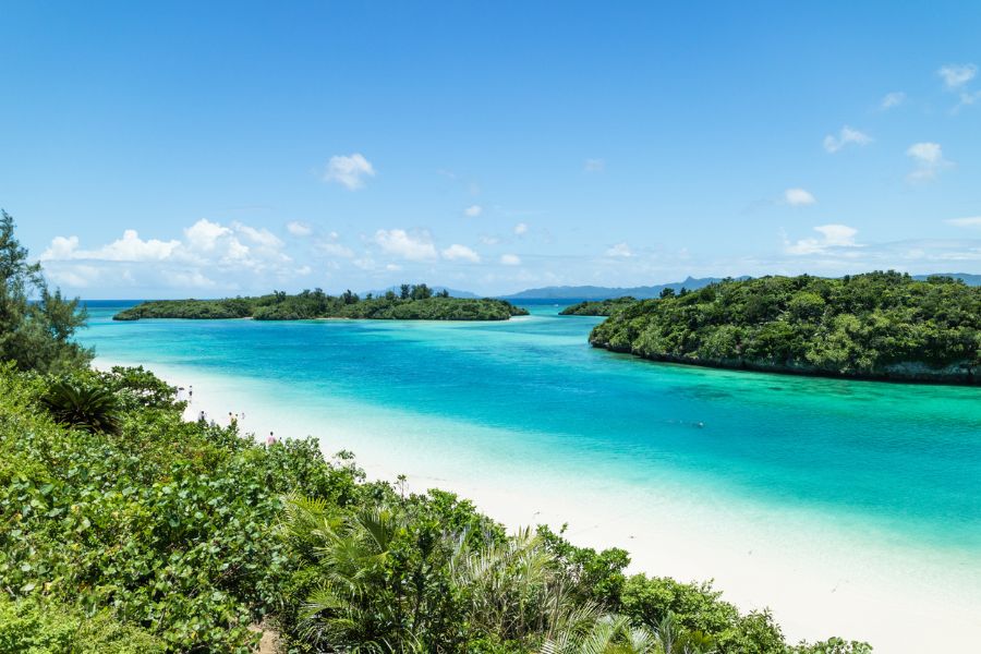 Une baie de sable blanc aux eaux turquoise s'étend paisiblement sous un ciel bleu dégagé, entourée d'îlots verdoyants recouverts d'une végétation tropicale luxuriante.