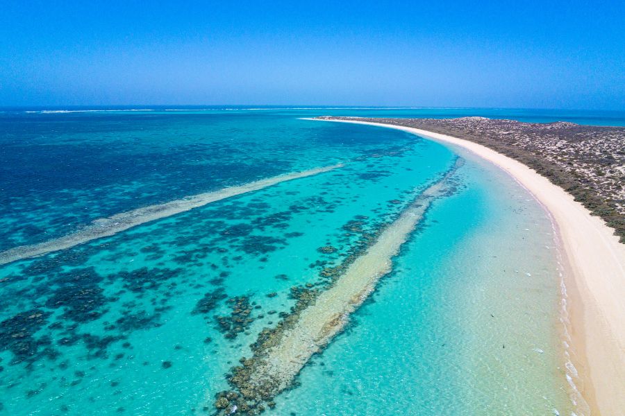 Une bande de sable blanc longe des eaux cristallines turquoise et bleues révélant des formations récifales sous un ciel d'un bleu limpide.